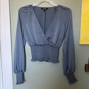 Dusty Blue Smocked Long Sleeve Top from Express